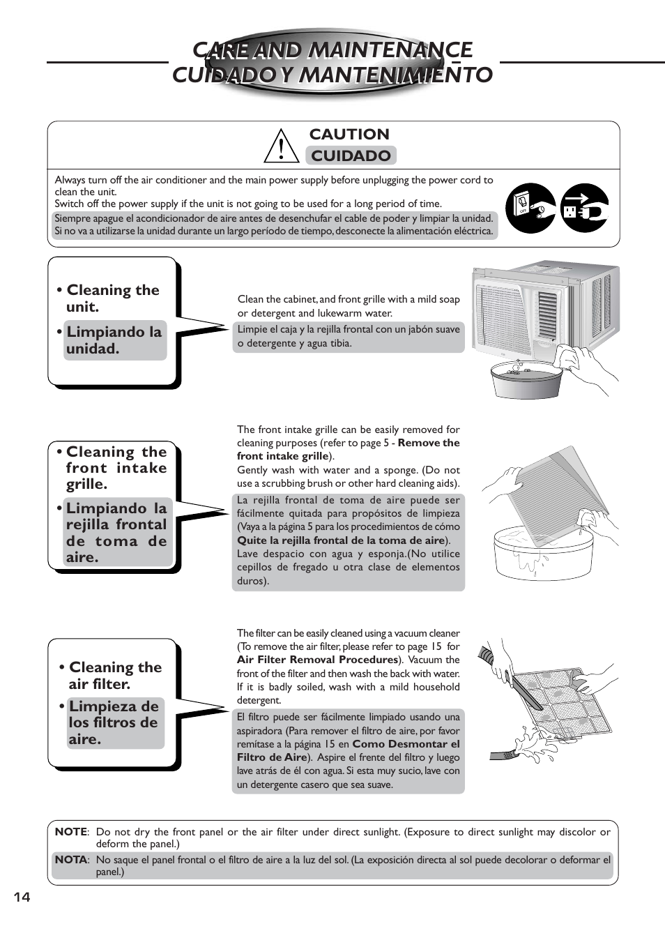 Care and maintenance, Cuidado y mantenimiento | QUASAR HQ-2081SH User Manual | Page 14 / 20