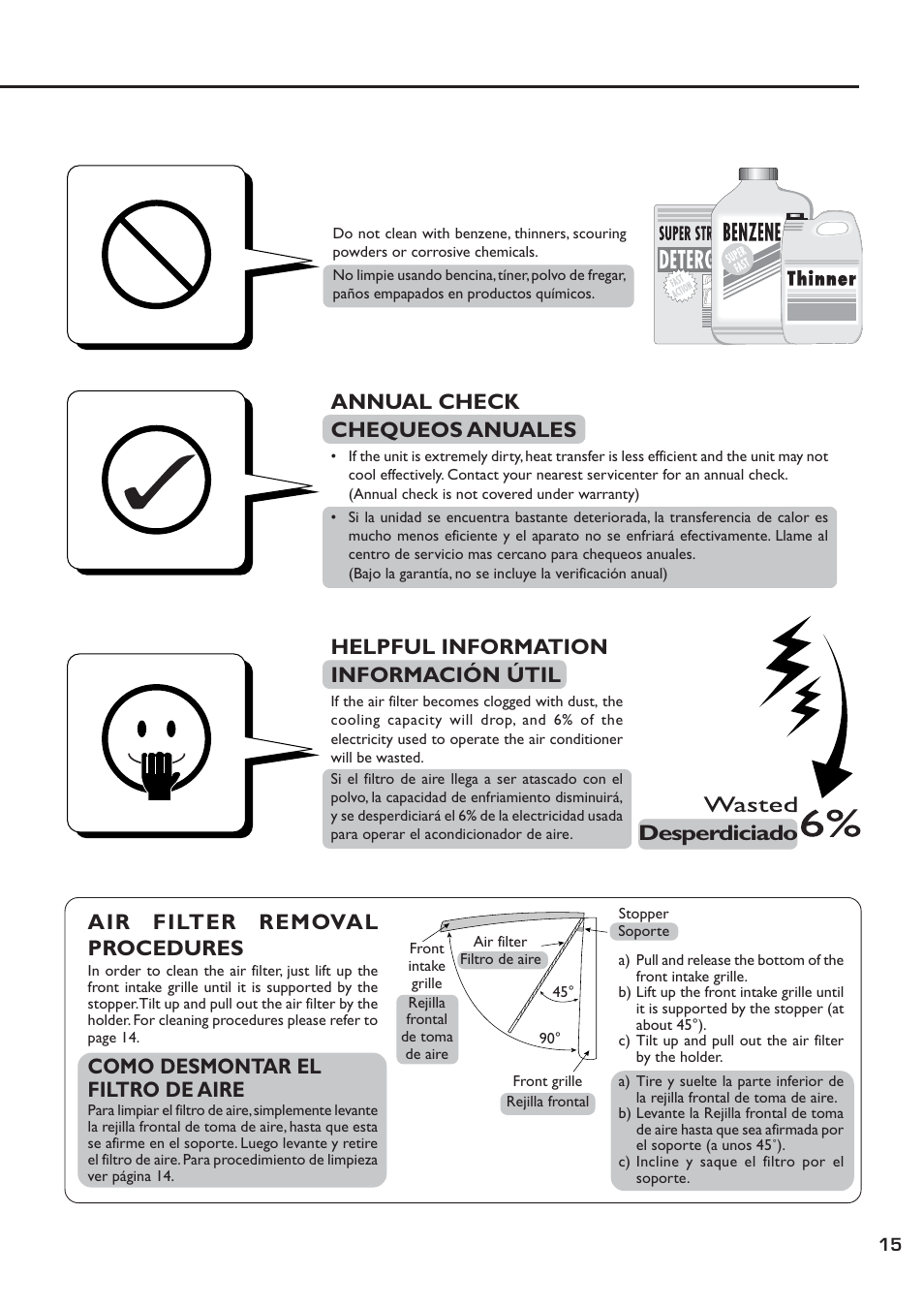 Desperdiciado air filter removal procedures, Como desmontar el filtro de aire, Annual check chequeos anuales | Helpful information información útil | QUASAR HQ-2081SH User Manual | Page 15 / 20