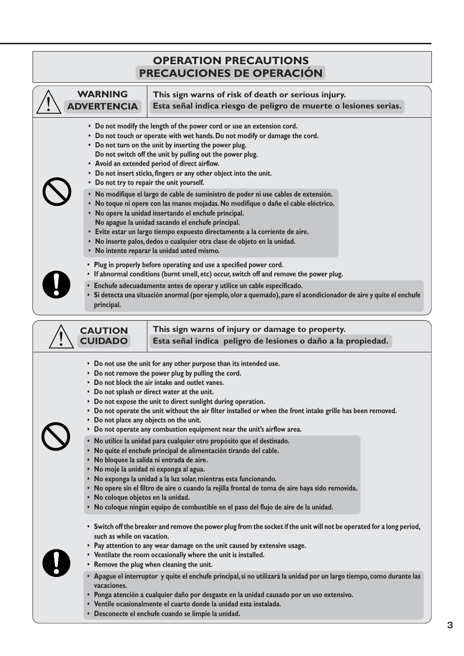 Operation precautions precauciones de operación | QUASAR HQ-2081SH User Manual | Page 3 / 20