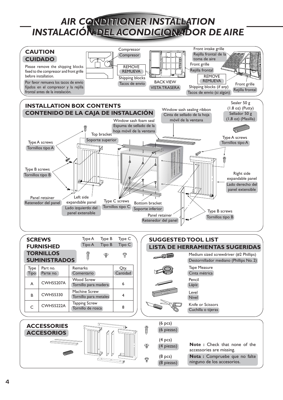 Air conditioner installation, Instalacion del acondicionador de aire, Caution cuidado | Accessories accesorios, Screws furnished tornillos suministrados | QUASAR HQ-2081SH User Manual | Page 4 / 20