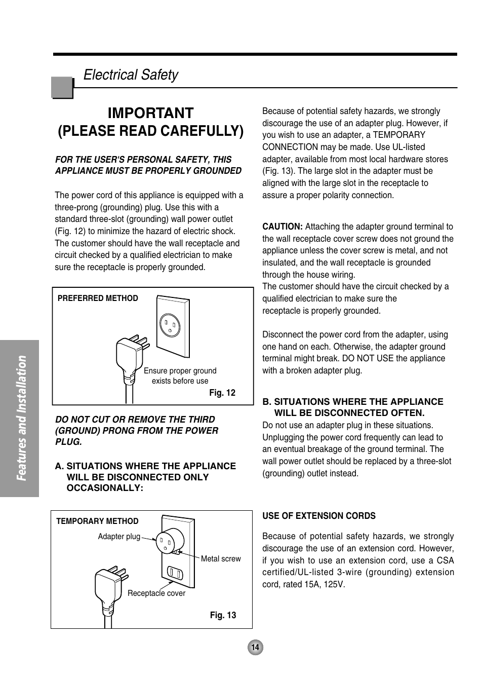 Electrical safety, Important (please read carefully), Features and installation | QUASAR HQ-2082UH User Manual | Page 14 / 32