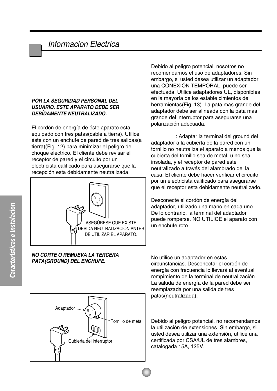 Informacion electrica, Importante (favorlea con atención), Características e instalacion | QUASAR HQ-2082UH User Manual | Page 28 / 32