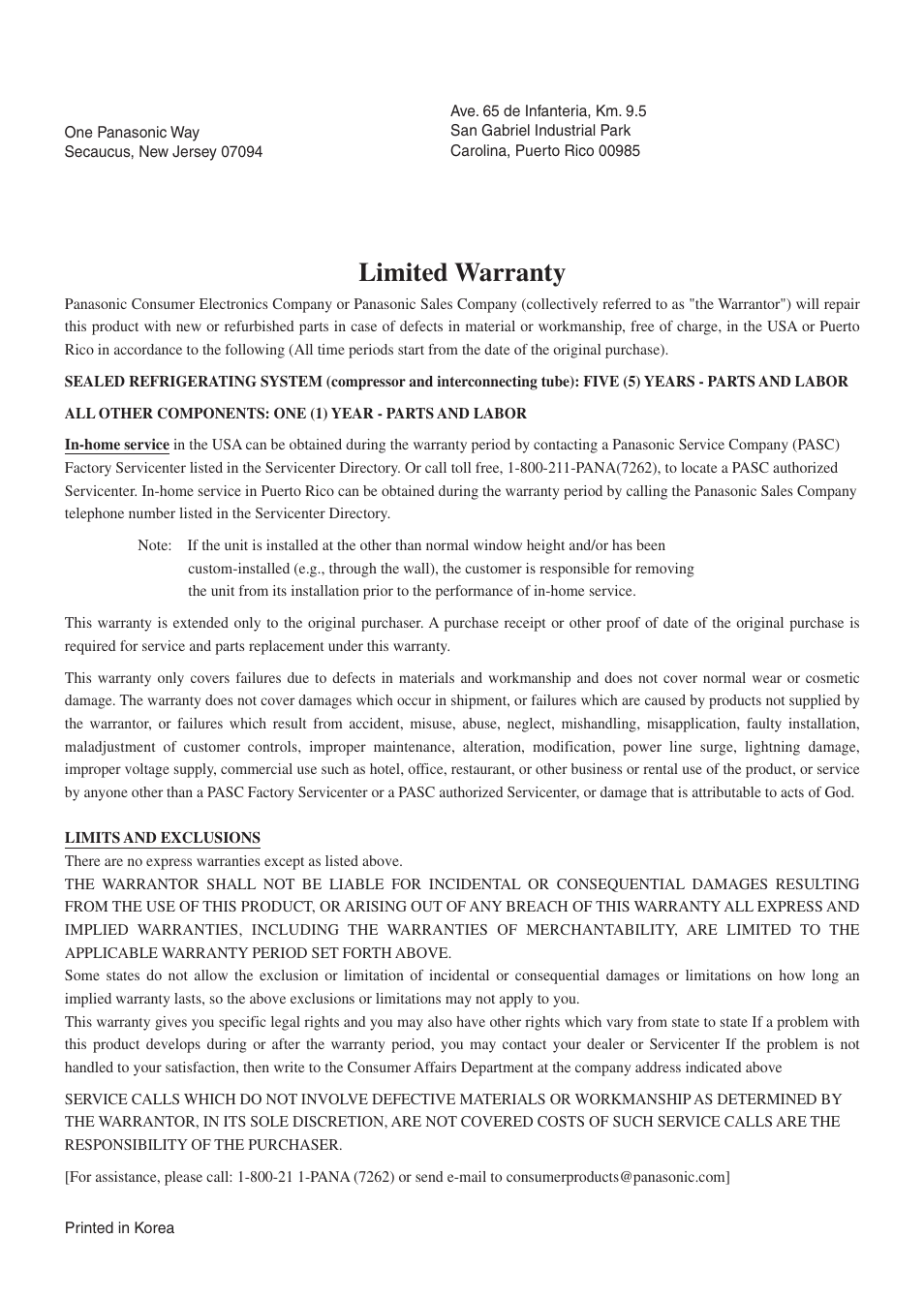 Panasonic room air conditioner, Limited warranty | QUASAR HQ-2082UH User Manual | Page 32 / 32