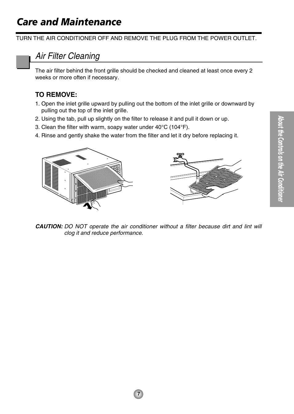 Care and maintenance, Air filter cleaning, About the controls on the air conditioner | QUASAR HQ-2082UH User Manual | Page 7 / 32