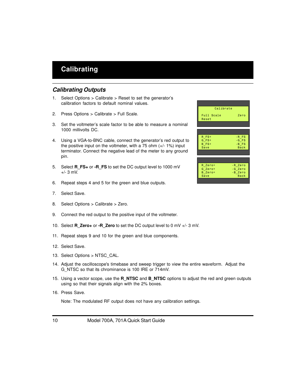 Calibrating, Calibrating outputs | Quantum Data 700A User Manual | Page 10 / 27