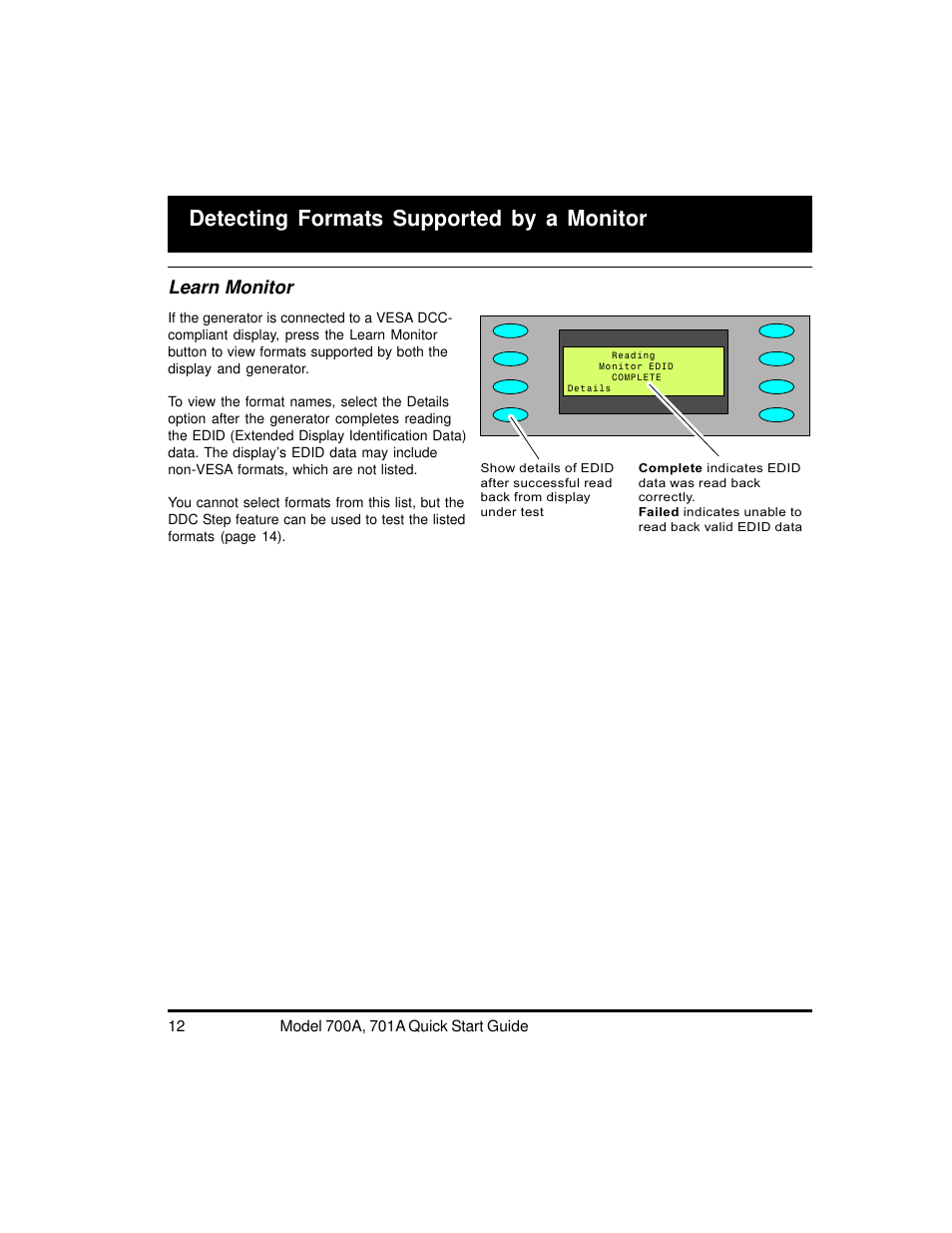 Detecting formats supported by a monitor, Learn monitor | Quantum Data 700A User Manual | Page 12 / 27