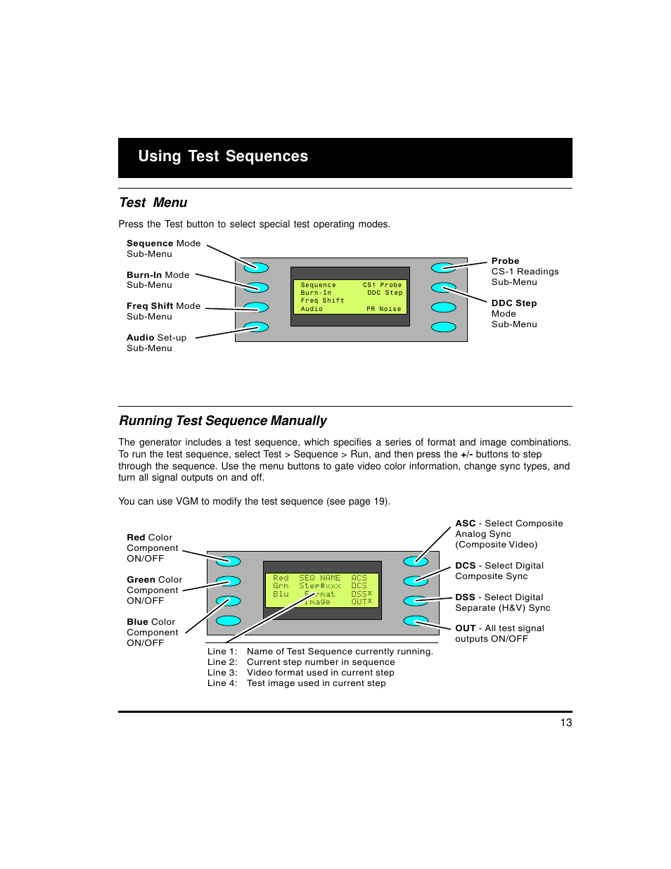 Using test sequences, Test menu, Running test sequence manually | Quantum Data 700A User Manual | Page 13 / 27