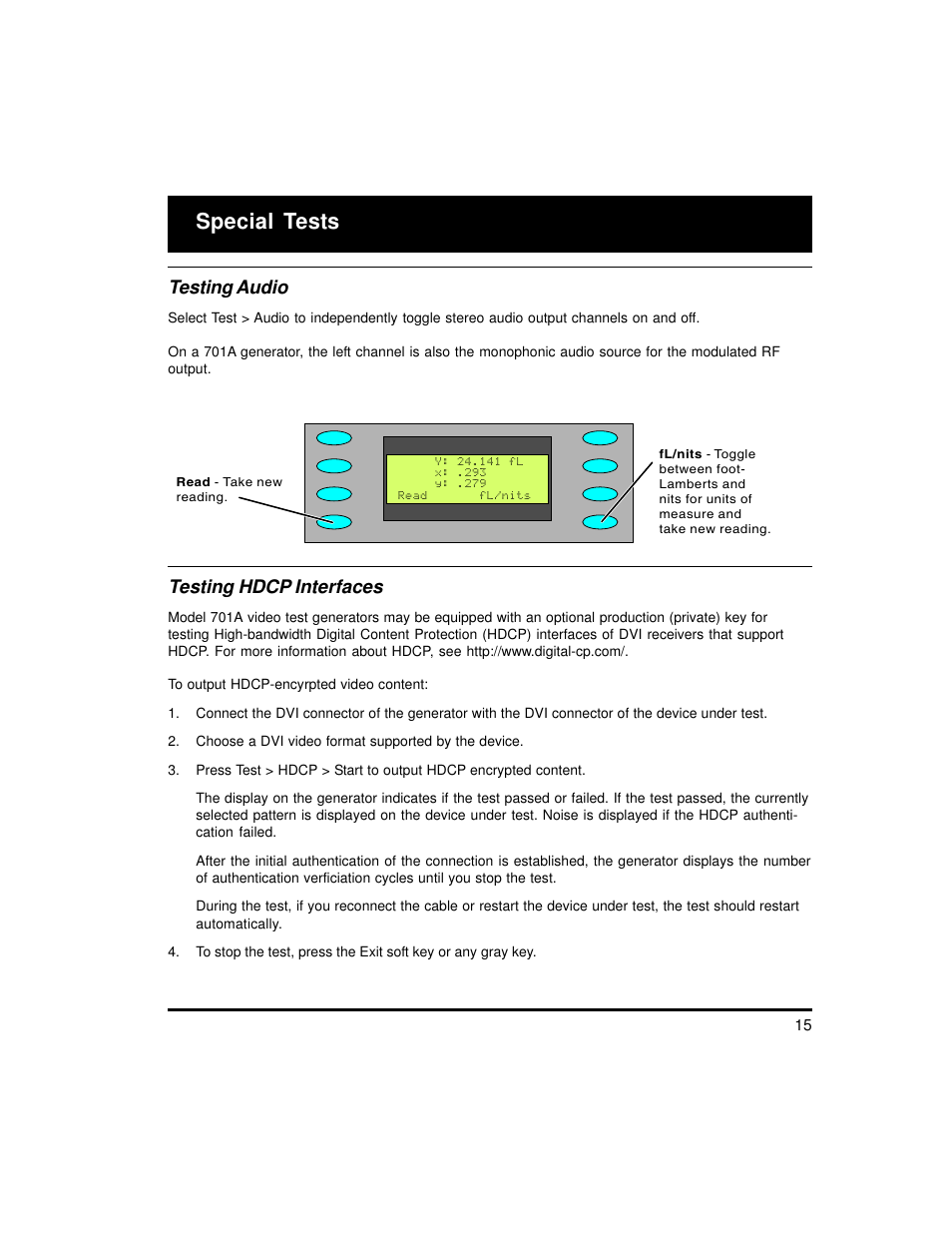 Special tests, Testing audio, Testing hdcp interfaces | Quantum Data 700A User Manual | Page 15 / 27