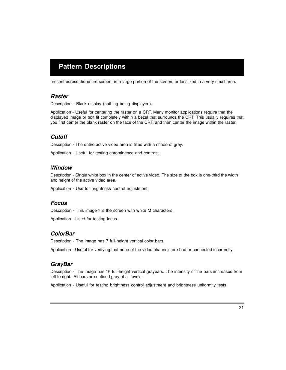 Pattern descriptions | Quantum Data 700A User Manual | Page 21 / 27