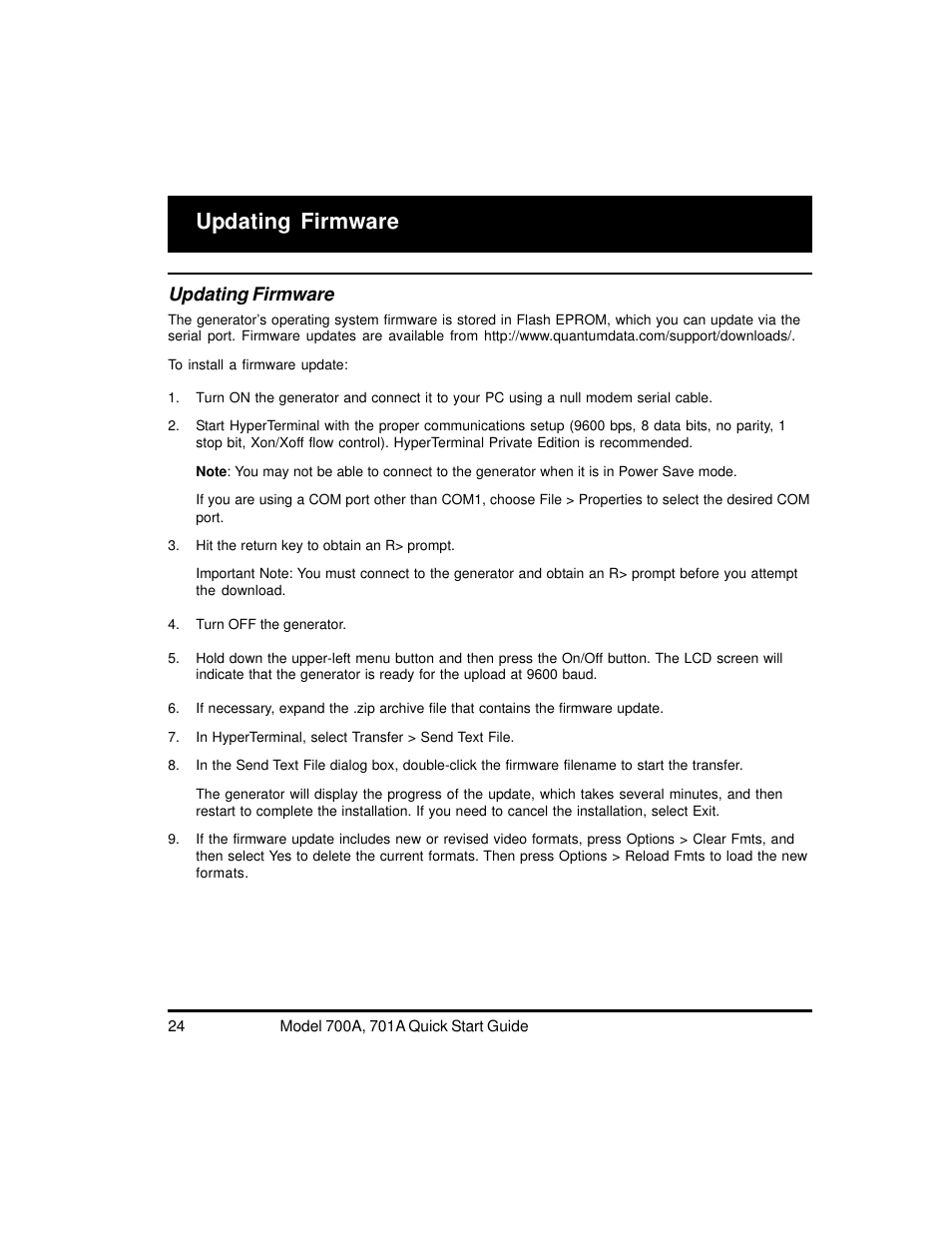 Updating firmware | Quantum Data 700A User Manual | Page 24 / 27