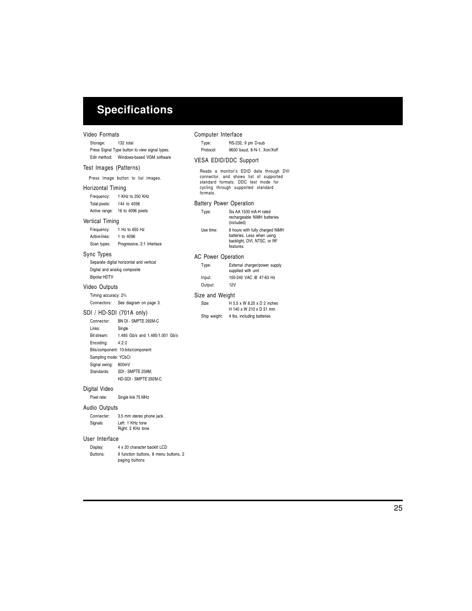 Specifications | Quantum Data 700A User Manual | Page 25 / 27