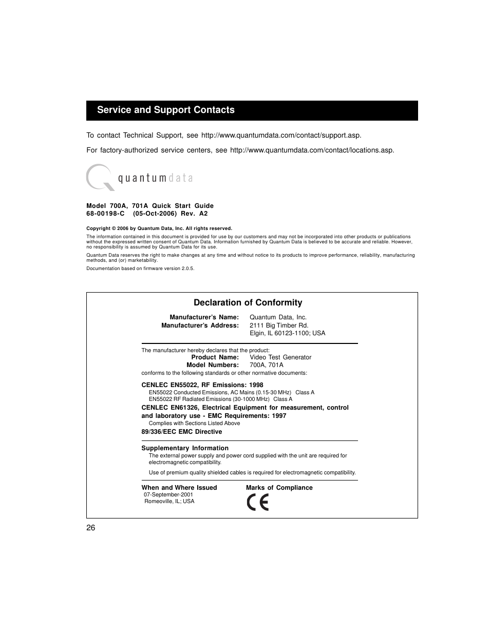 Service and support contacts, Declaration of conformity | Quantum Data 700A User Manual | Page 26 / 27