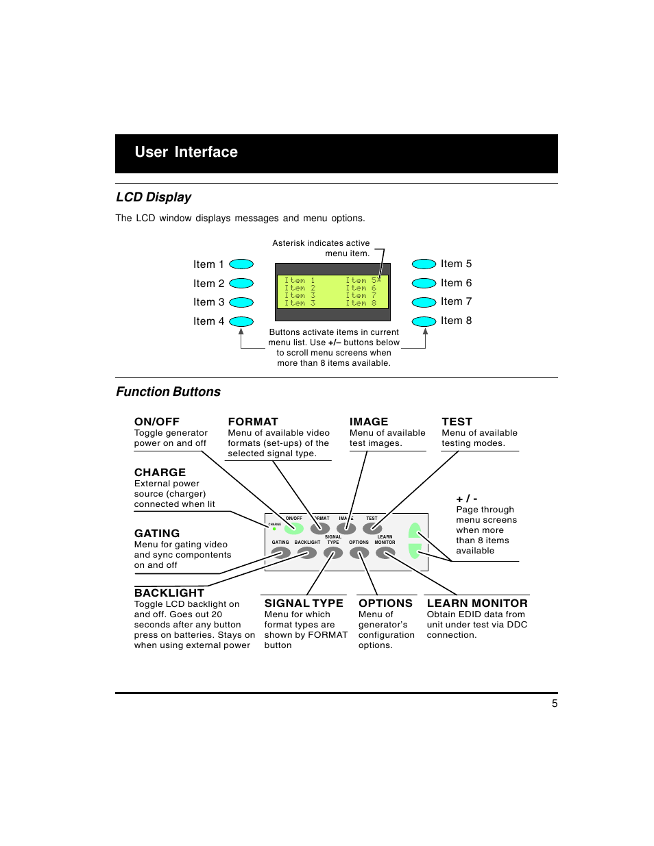 User interface, Lcd display, Function buttons | Learn monitor, Format, On/off, Charge, Image, Test, Backlight | Quantum Data 700A User Manual | Page 5 / 27