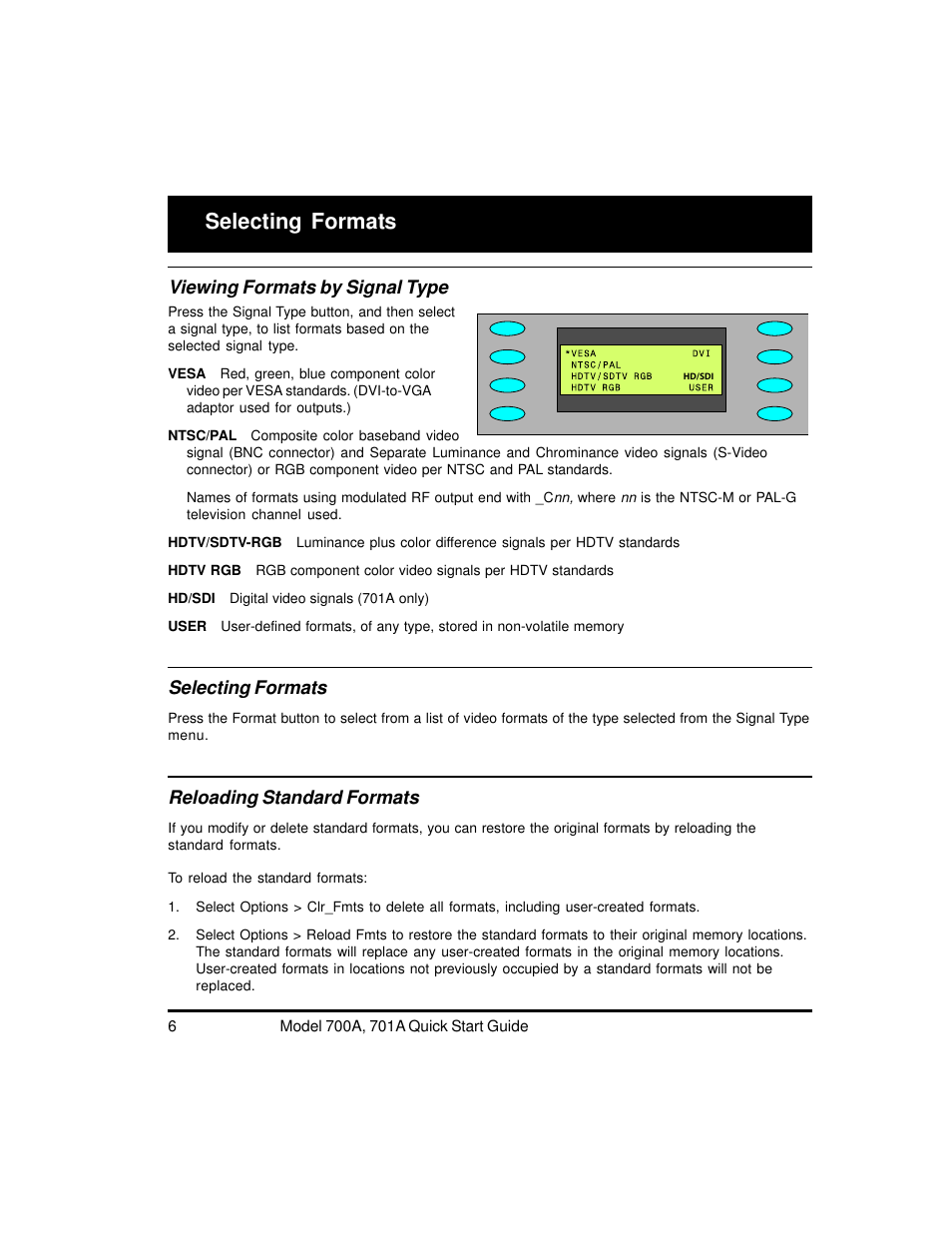 Selecting formats, Viewing formats by signal type, Reloading standard formats | Quantum Data 700A User Manual | Page 6 / 27