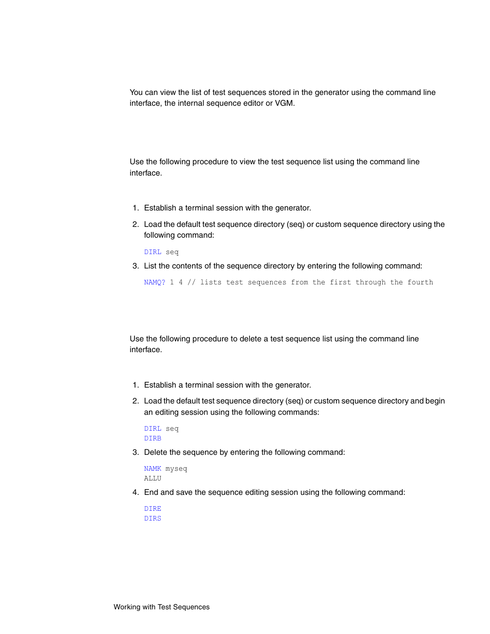 Viewing the test sequence list, Deleting a test sequence using the command line | Quantum Data 802BT User Manual | Page 102 / 744