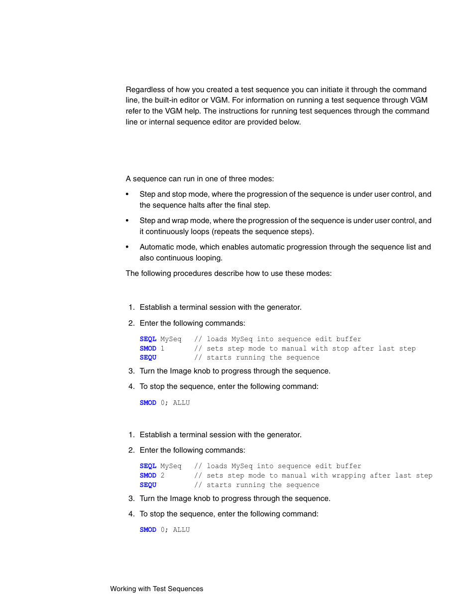 Running a sequence, Running a test sequence using the command line | Quantum Data 802BT User Manual | Page 104 / 744