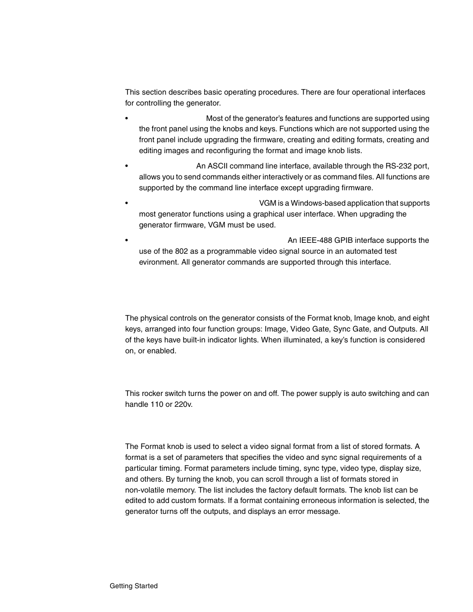 Physical controls, Power switch, Format knob | Operating the generator | Quantum Data 802BT User Manual | Page 14 / 744