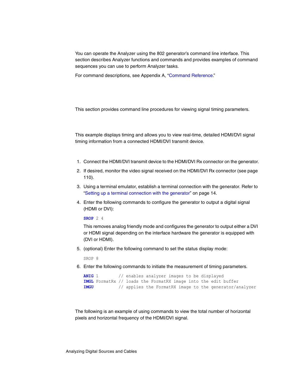 Controlling analyzer using command-line interface, Signal timing analysis commands, Viewing specific timing parameters | Controlling analyzer using command-line, Interface | Quantum Data 802BT User Manual | Page 140 / 744