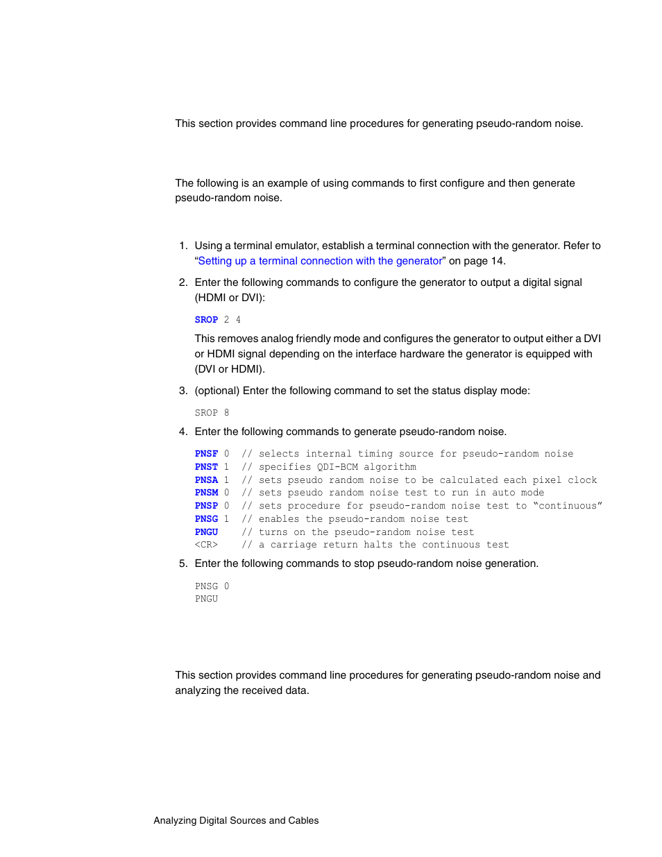 Pseudo-random noise generation commands, Generating pseudo-random noise, Pseudo-random noise analysis commands | Quantum Data 802BT User Manual | Page 142 / 744