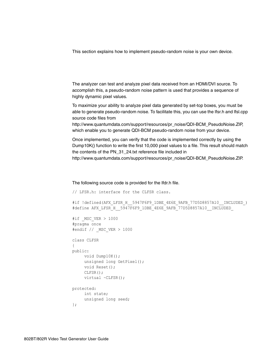 Generating pseudo-random noise from your device, Implementing pseudo-random noise from your device, Lfsr.h | Quantum Data 802BT User Manual | Page 147 / 744