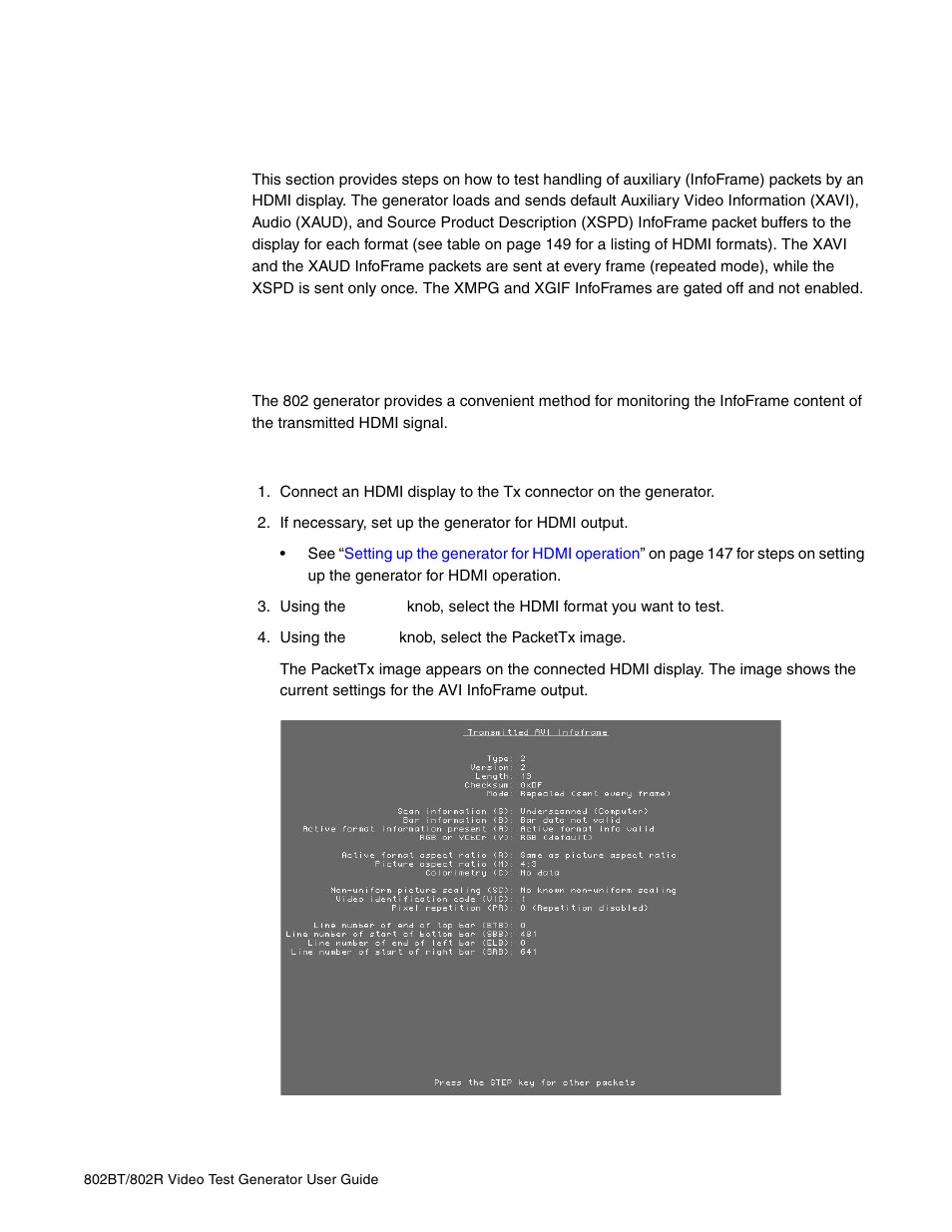 Testing hdmi infoframes, Viewing infoframe contents | Quantum Data 802BT User Manual | Page 171 / 744