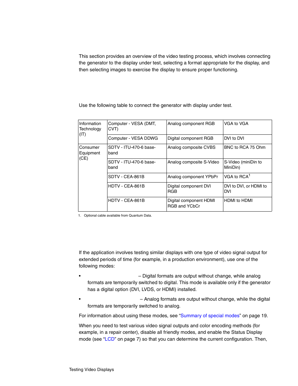 General video display testing procedure, Making physical connections, Setting the video output mode | Quantum Data 802BT User Manual | Page 34 / 744