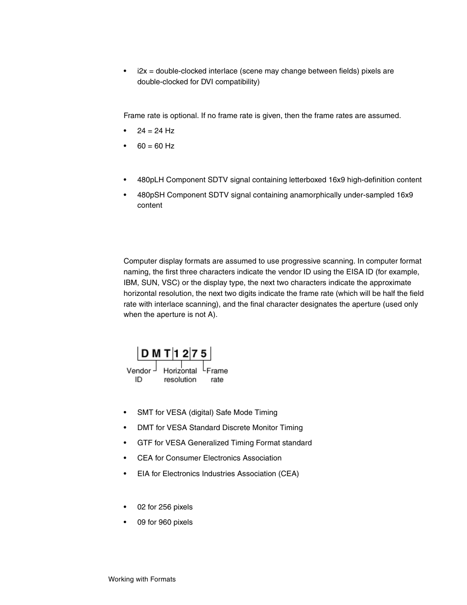 Double clocking, Frame rate, Common component tv formats | Computer display format names, Approximate horizontal resolution examples | Quantum Data 802BT User Manual | Page 68 / 744