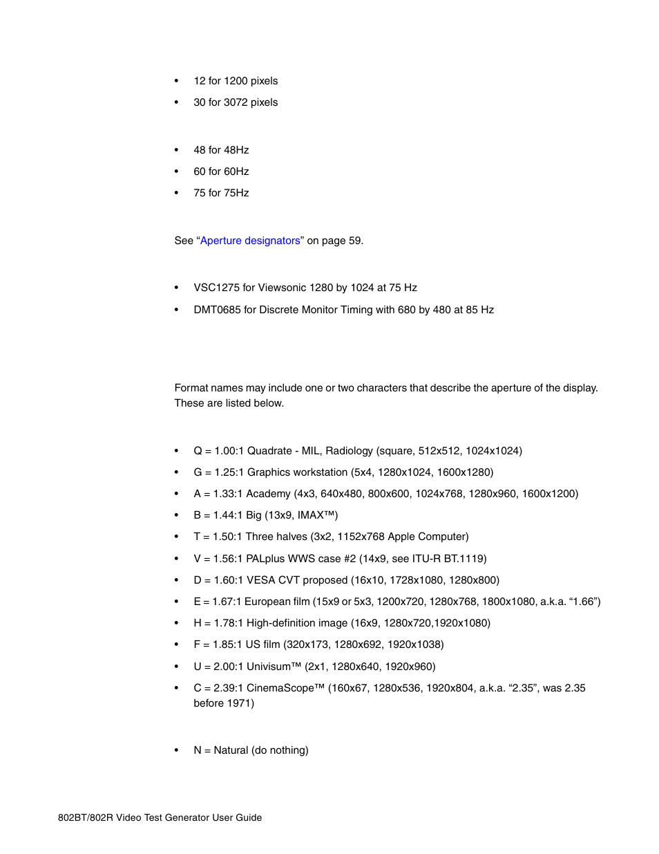 Aperture (used only when the aperture is not a), Common computer display formats, Aperture designators | Aspect ratio, Content fitting operators | Quantum Data 802BT User Manual | Page 69 / 744