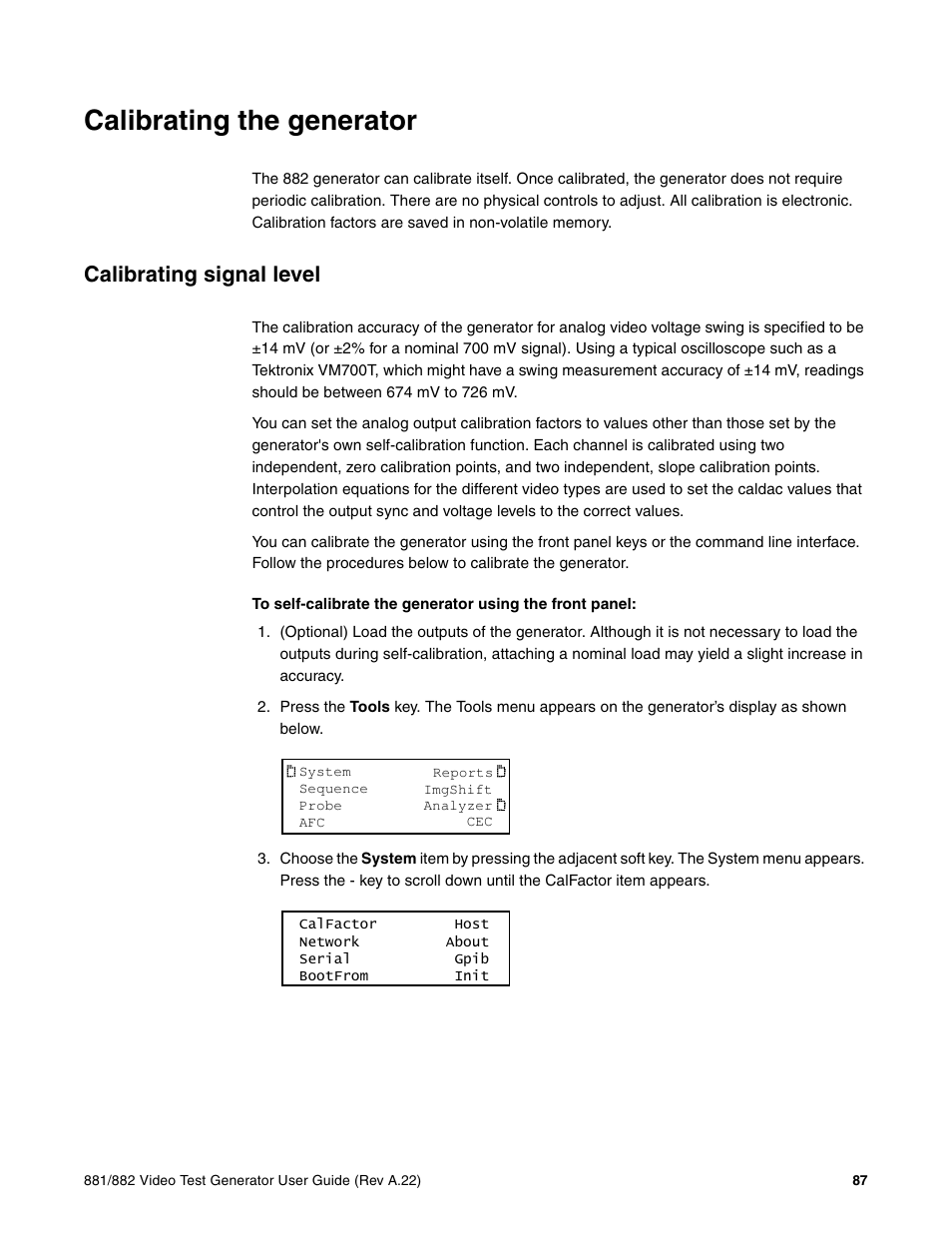 Calibrating the generator, Calibrating signal level, Calibrating | Signal level | Quantum Data 881 User Manual | Page 105 / 1268