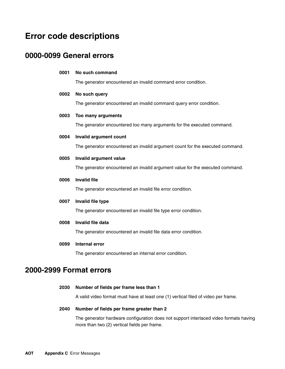 Error code descriptions, 0000-0099 general errors, 2000-2999 format errors | Quantum Data 881 User Manual | Page 1220 / 1268