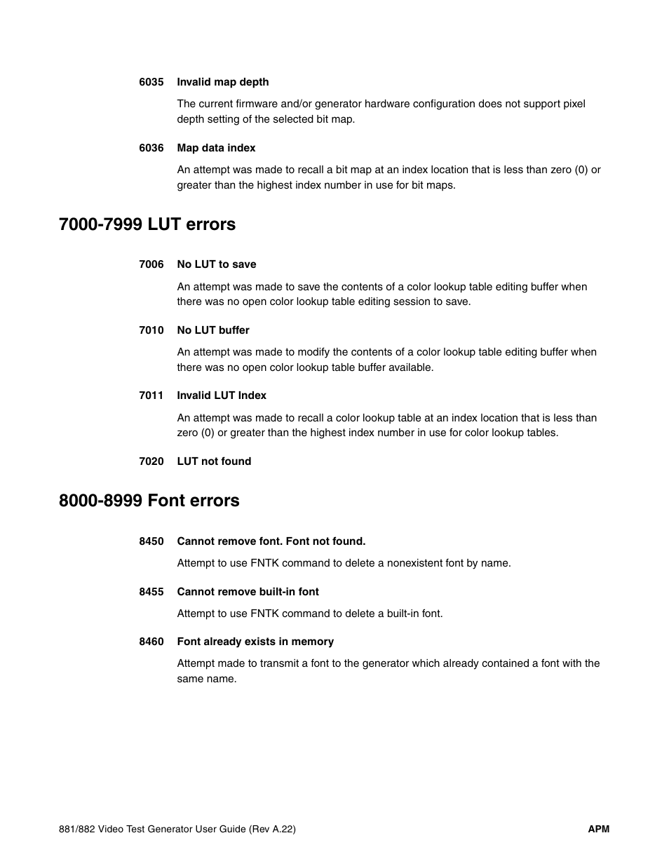 7000-7999 lut errors, 8000-8999 font errors | Quantum Data 881 User Manual | Page 1239 / 1268