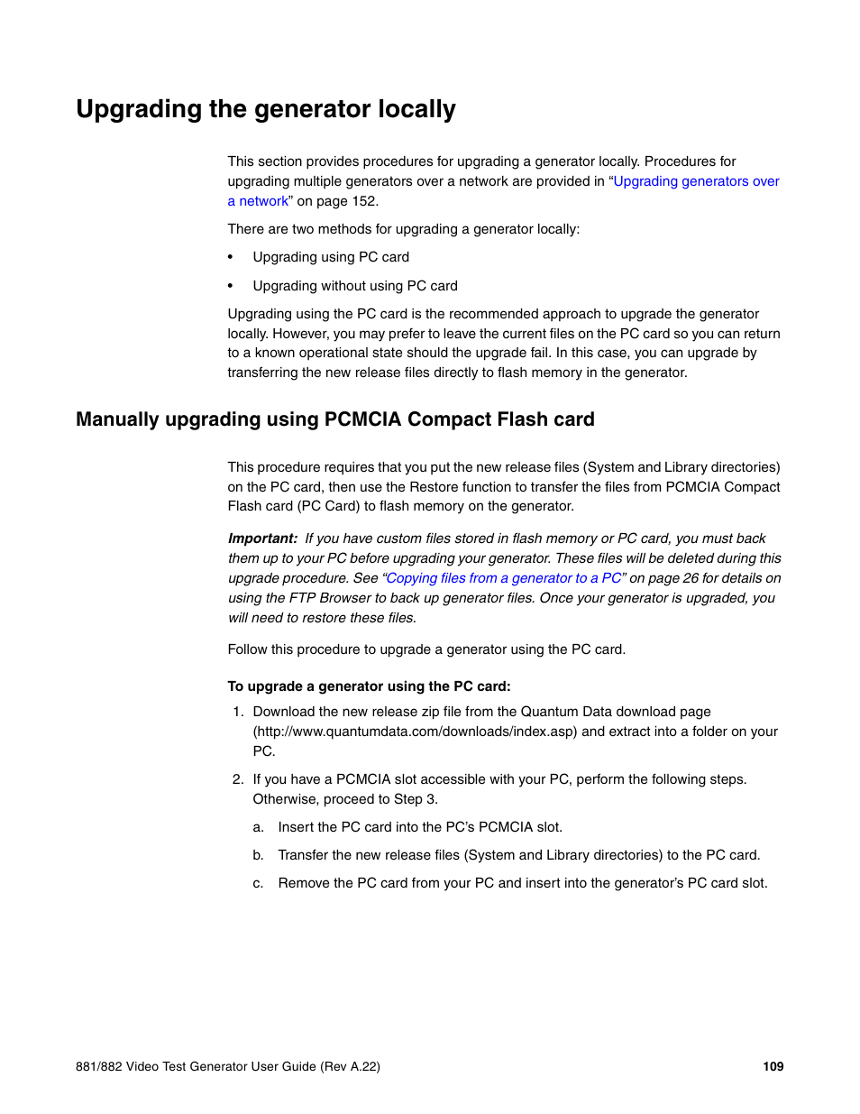 Upgrading the generator locally, Manually upgrading using pcmcia compact flash card | Quantum Data 881 User Manual | Page 127 / 1268