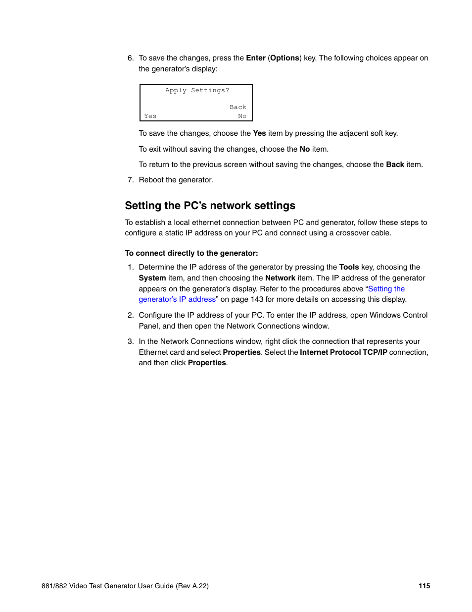 Setting the pc’s network settings, To connect directly, To the generator | To connect directly to, The generator | Quantum Data 881 User Manual | Page 133 / 1268