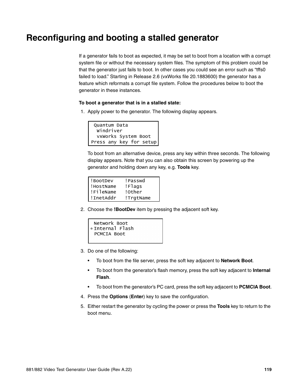 Reconfiguring and booting a stalled generator | Quantum Data 881 User Manual | Page 137 / 1268