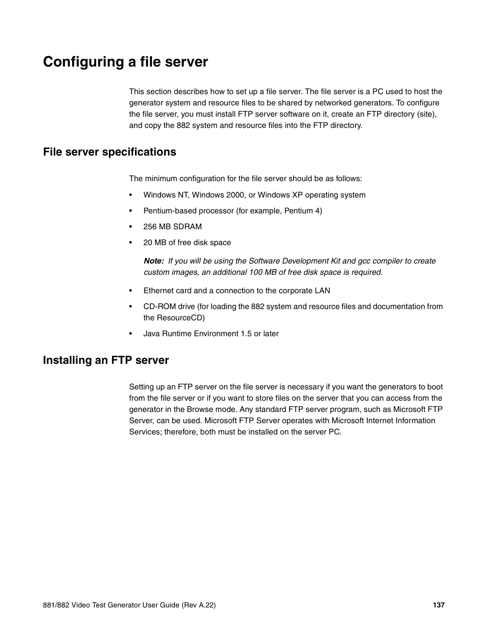 Configuring a file server, File server specifications, Installing an ftp server | Quantum Data 881 User Manual | Page 155 / 1268