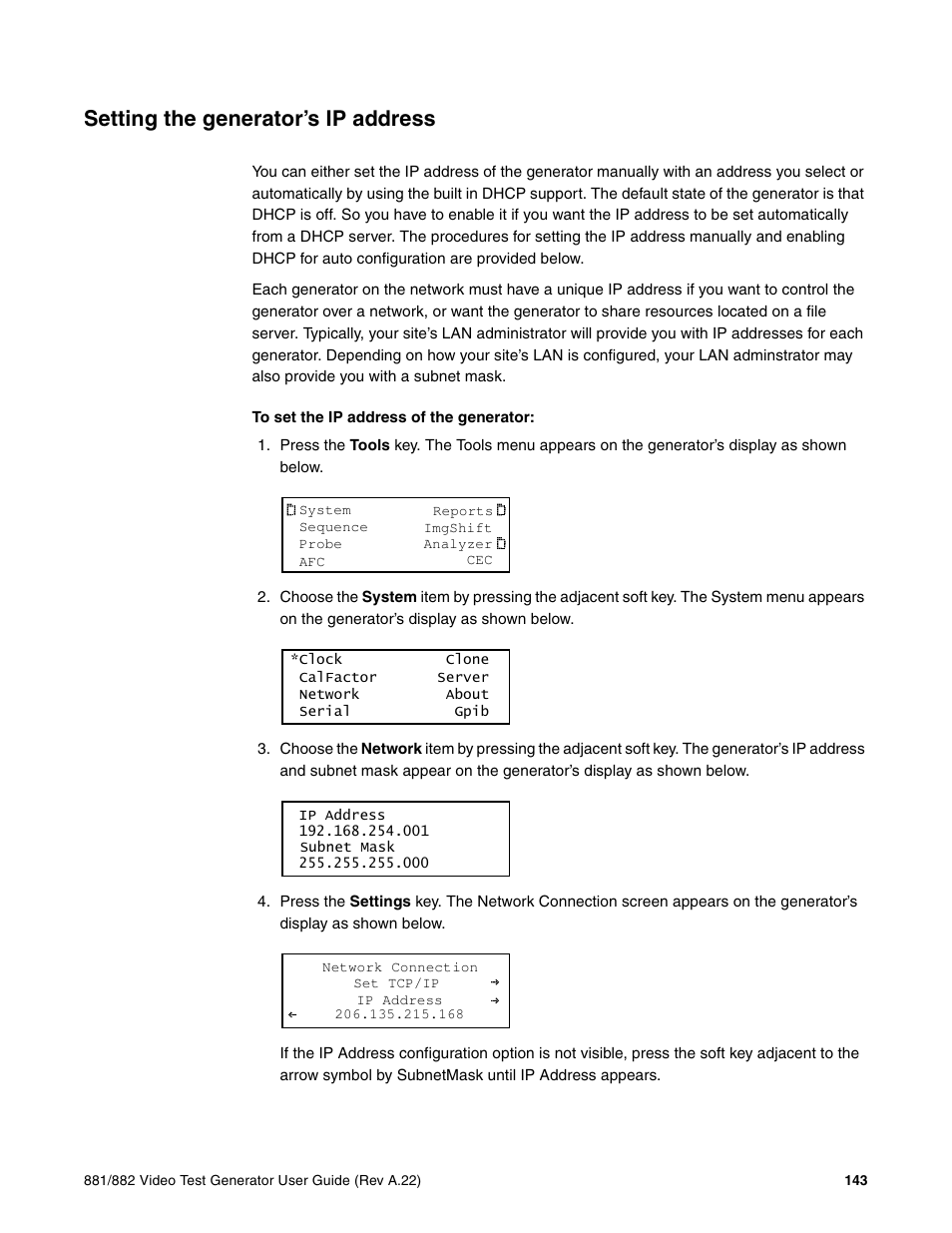 Setting the generator’s ip address, Setting the, Generator’s ip address | Quantum Data 881 User Manual | Page 161 / 1268