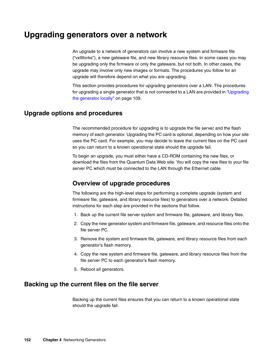 Upgrading generators over a network, Upgrade options and procedures, Overview of upgrade procedures | Backing up the current files on the file server, Upgrading generators over, A network | Quantum Data 881 User Manual | Page 170 / 1268
