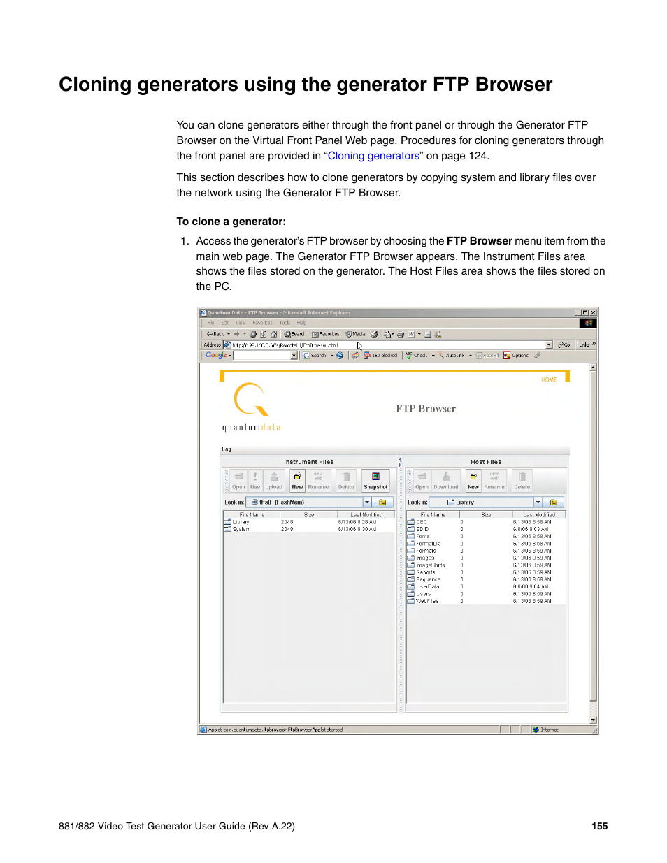 Cloning generators using the generator ftp browser | Quantum Data 881 User Manual | Page 173 / 1268