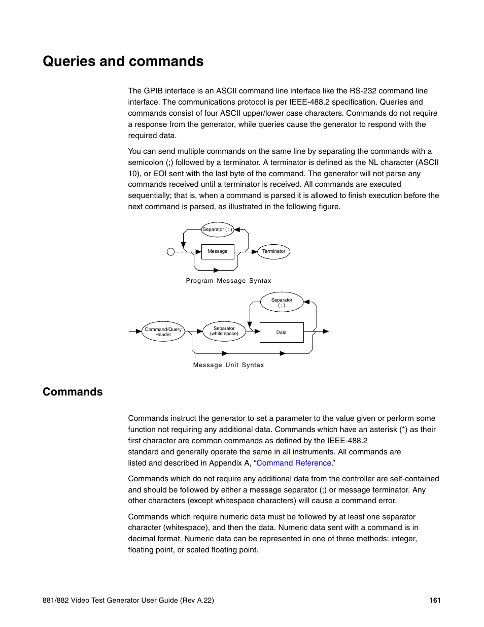 Queries and commands, Commands | Quantum Data 881 User Manual | Page 179 / 1268
