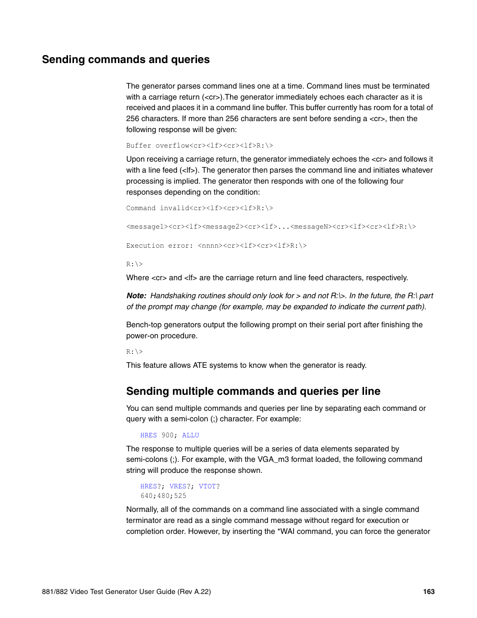 Sending commands and queries, Sending multiple commands and queries per line | Quantum Data 881 User Manual | Page 181 / 1268
