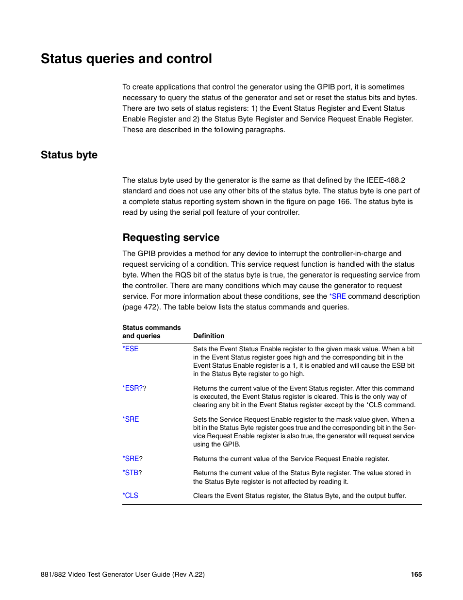 Status queries and control, Status byte, Requesting service | Quantum Data 881 User Manual | Page 183 / 1268