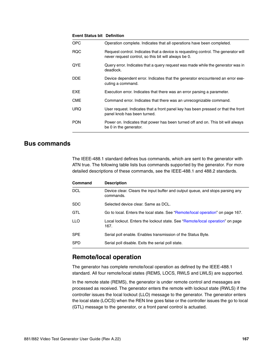 Bus commands, Remote/local operation | Quantum Data 881 User Manual | Page 185 / 1268