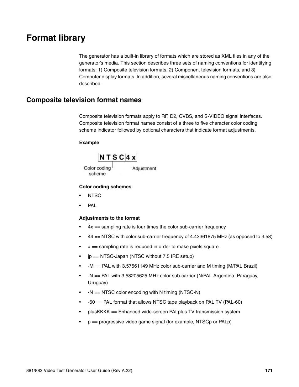 Format library, Composite television format names, Example | Color coding schemes, Adjustments to the format | Quantum Data 881 User Manual | Page 189 / 1268