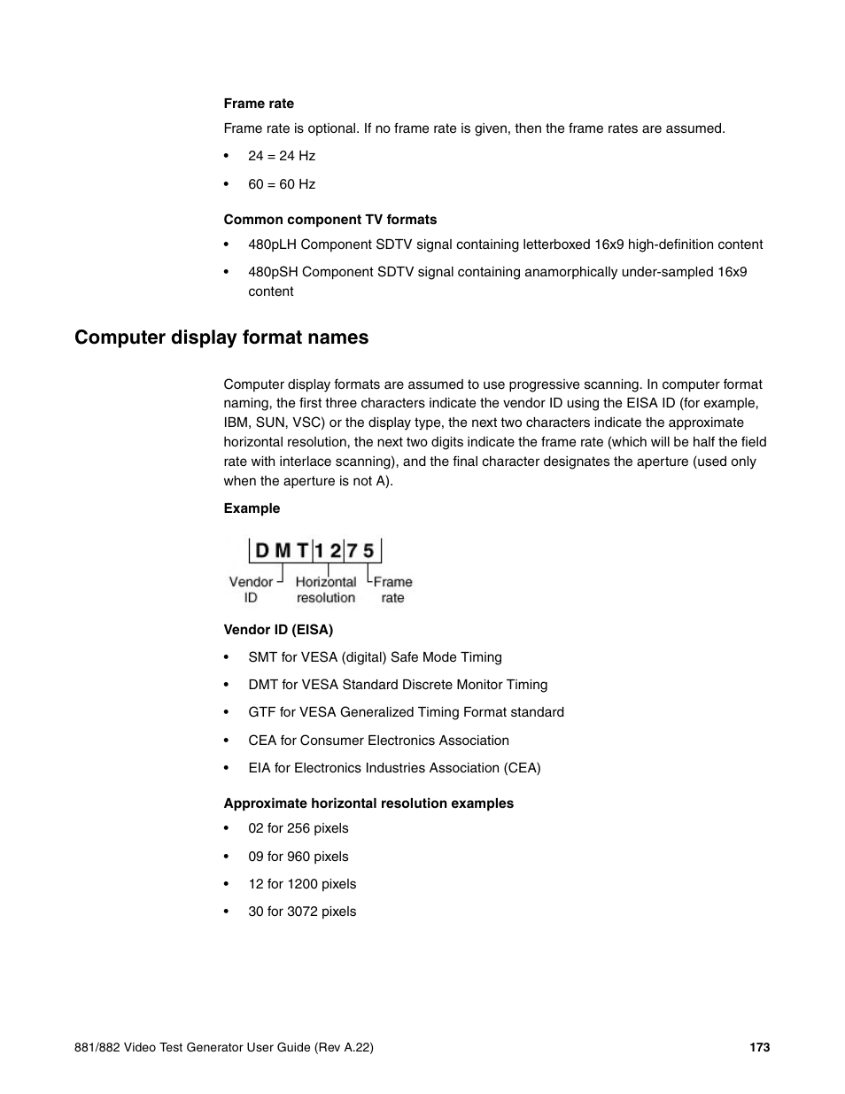 Frame rate, Common component tv formats, Computer display format names | Approximate horizontal resolution examples | Quantum Data 881 User Manual | Page 191 / 1268