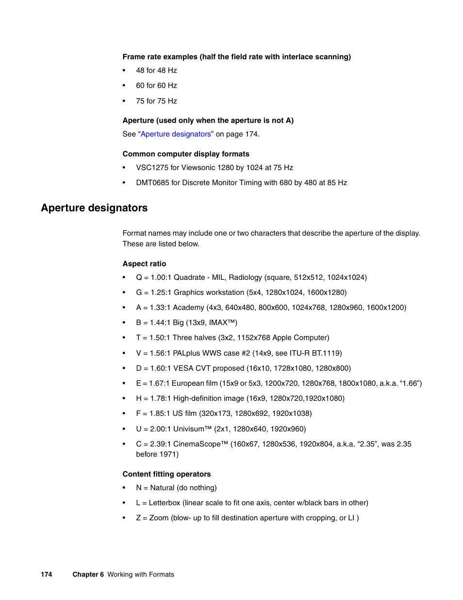 Aperture (used only when the aperture is not a), Common computer display formats, Aperture designators | Aspect ratio, Content fitting operators | Quantum Data 881 User Manual | Page 192 / 1268