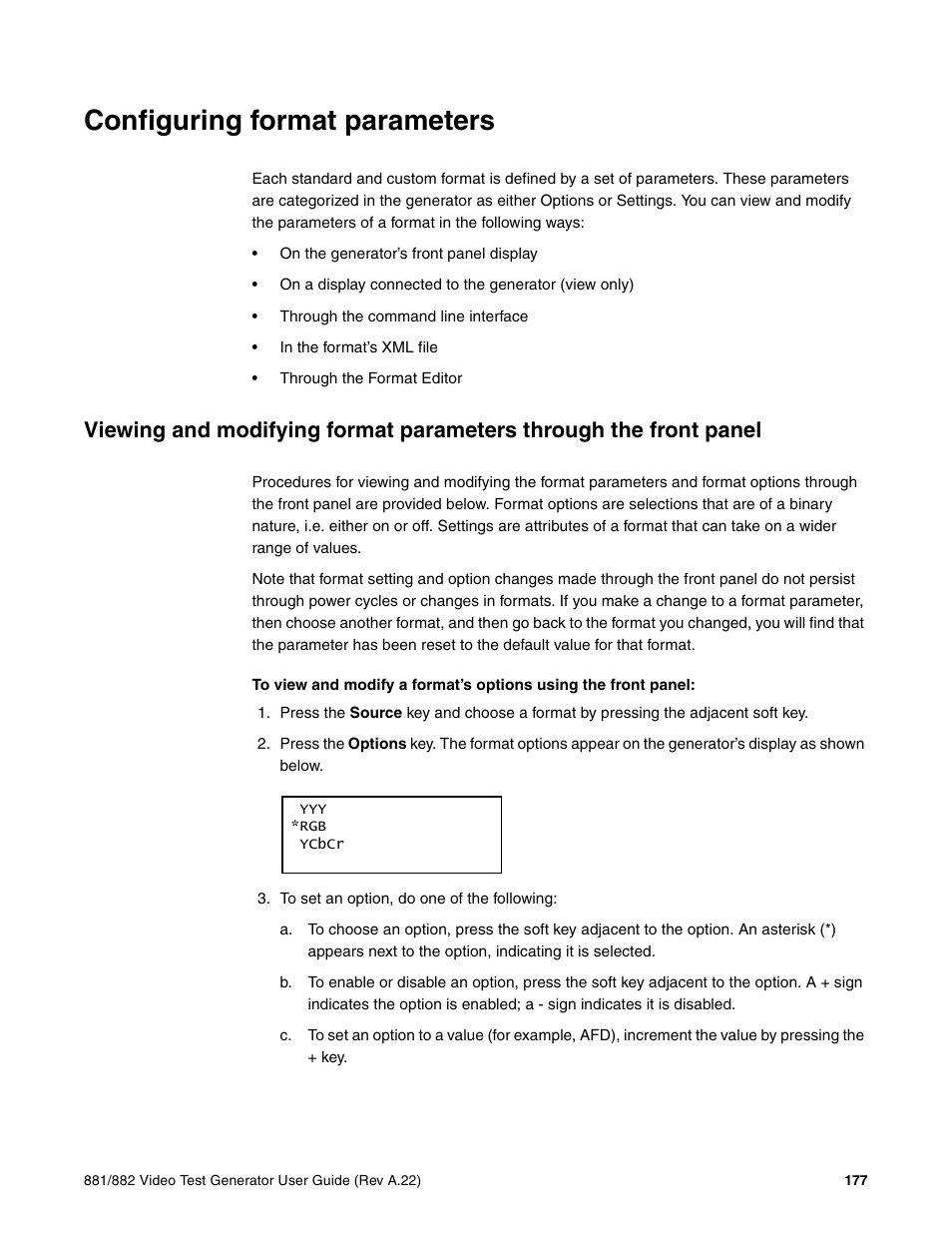 Configuring format parameters, Configuring, Format parameters | Quantum Data 881 User Manual | Page 195 / 1268