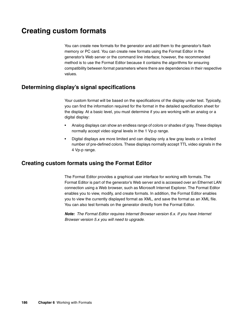 Creating custom formats, Determining display’s signal specifications, Creating custom formats using the format editor | Creating custom formats using the, Format editor | Quantum Data 881 User Manual | Page 204 / 1268