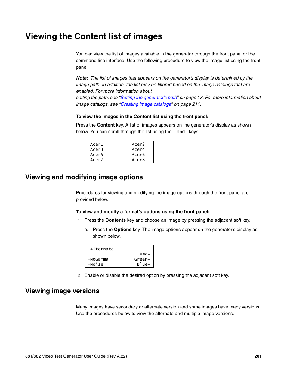 Viewing the content list of images, Viewing and modifying image options, Viewing image versions | Quantum Data 881 User Manual | Page 219 / 1268