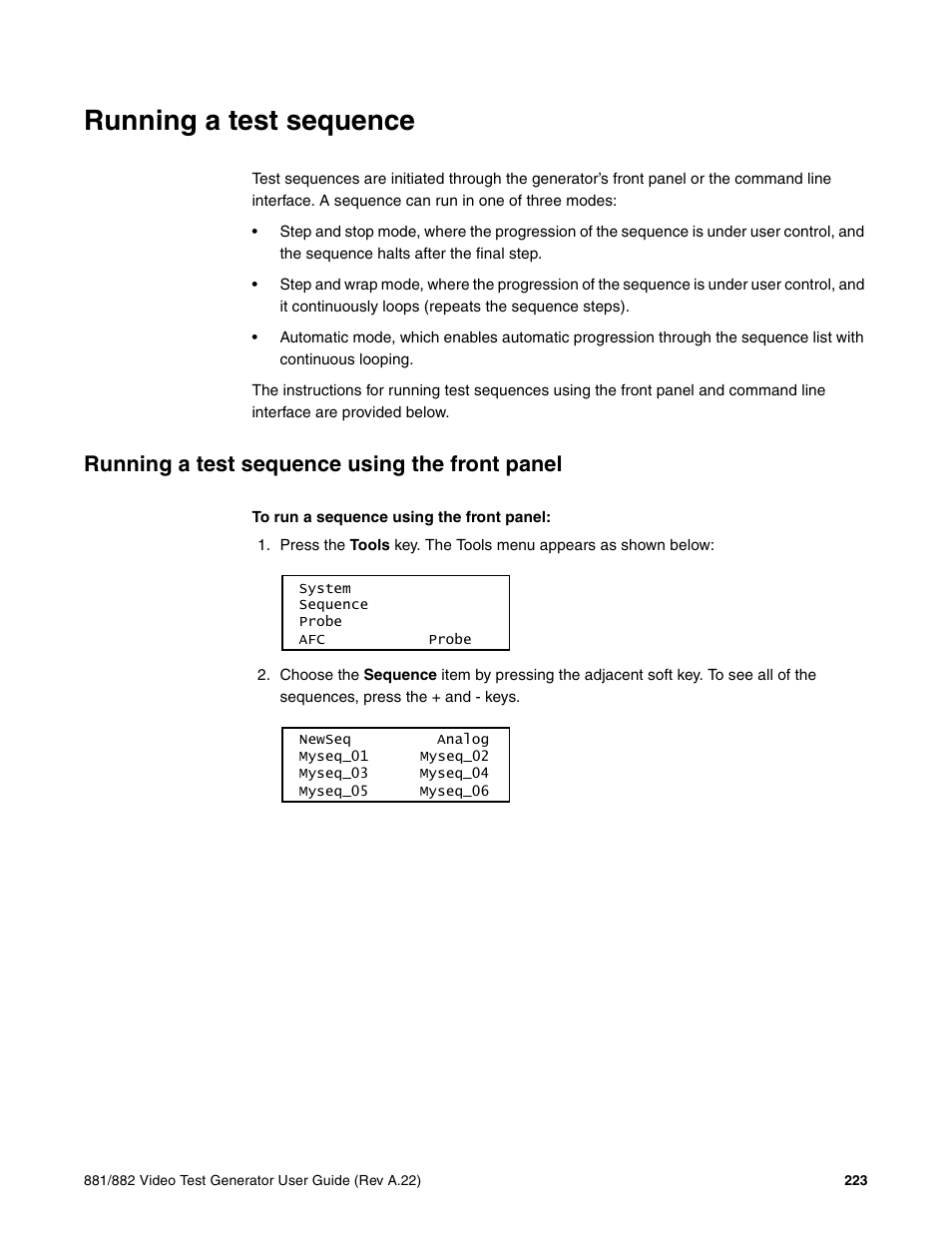 Running a test sequence, Running a test sequence using the front panel | Quantum Data 881 User Manual | Page 241 / 1268
