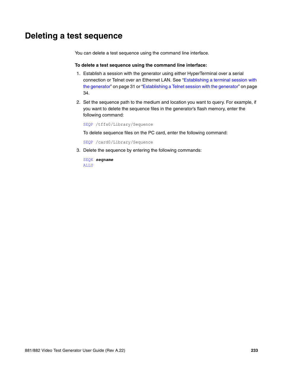 Deleting a test sequence | Quantum Data 881 User Manual | Page 251 / 1268